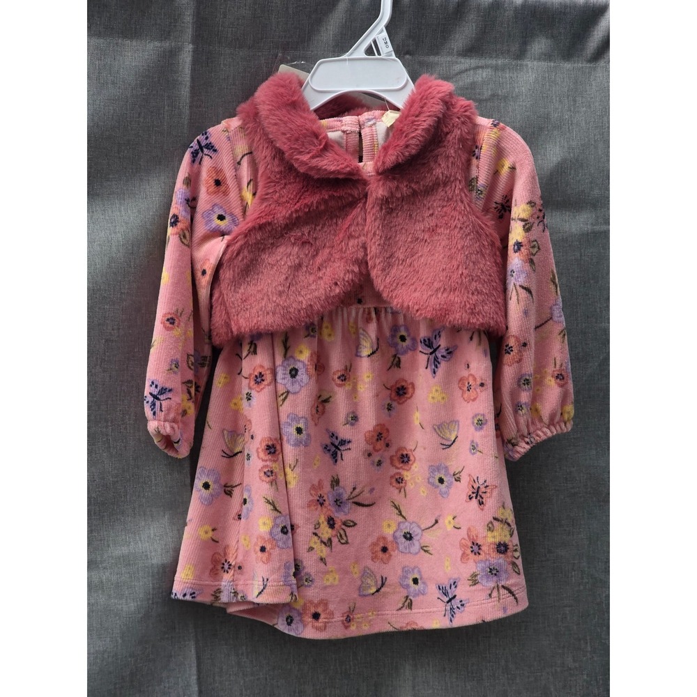 Btween Baby 4pc Set Pink Floral Corduroy Dress Faux Fur Vest Leggings Bows 12MO